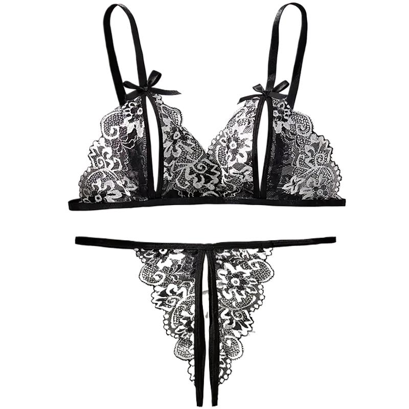 Lace Bralette Set - Siyah Sıcak Crotchless Seksi Kadın Dantel